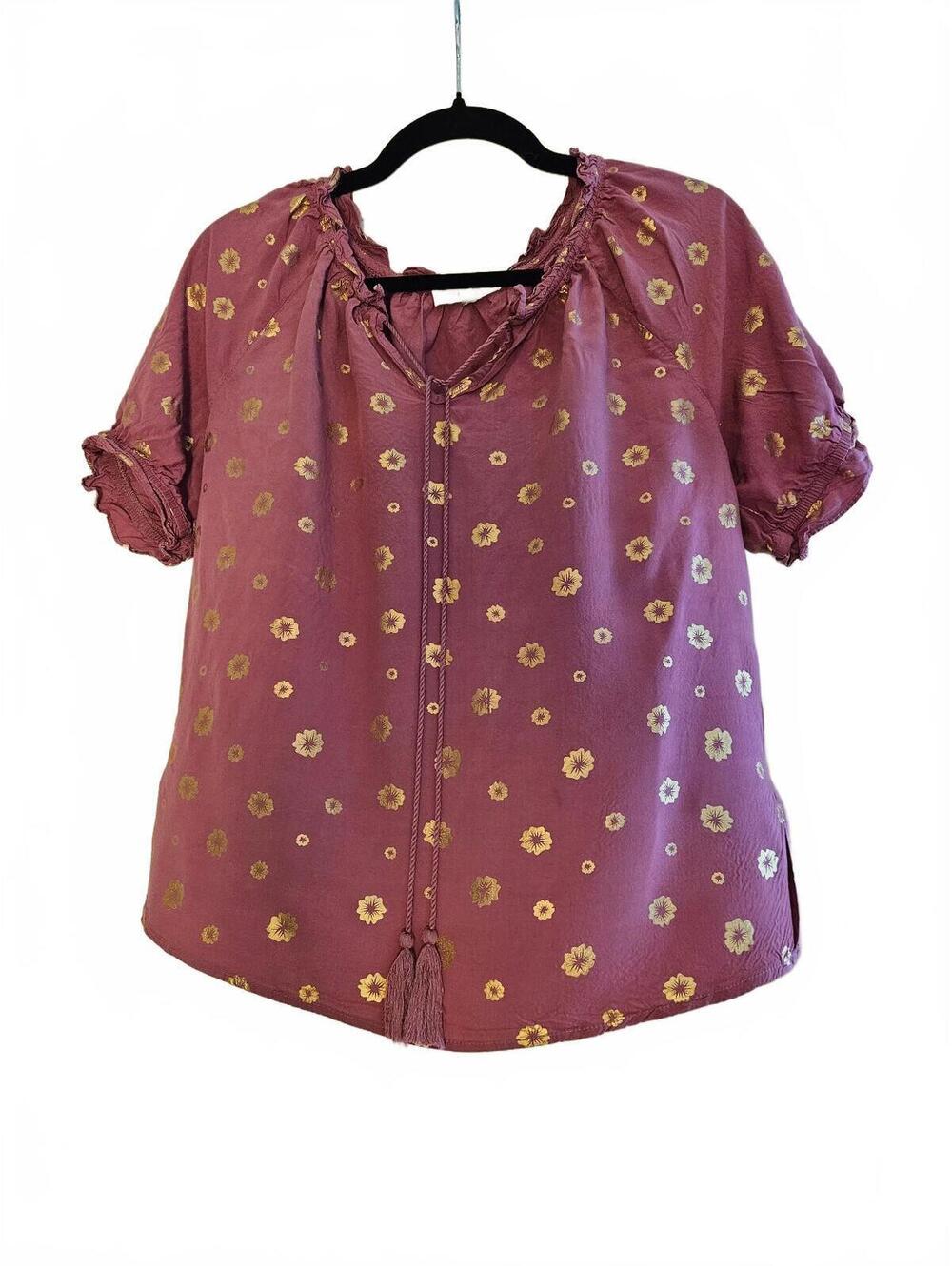 Solitaire Women's Medium Mauve 100% Rayon Peasant Blouse with Gold Floral Print